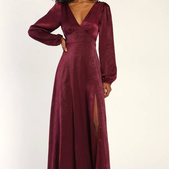 NWT Lulus Perfectly Gorgeous Plum Purple Satin Long Sleeve Maxi Dress - XS - Picture 1 of 6